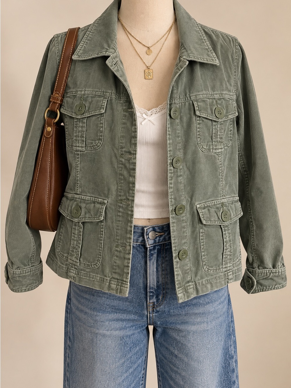 No Boundaries Olive Green Button-Front Utility Jacket